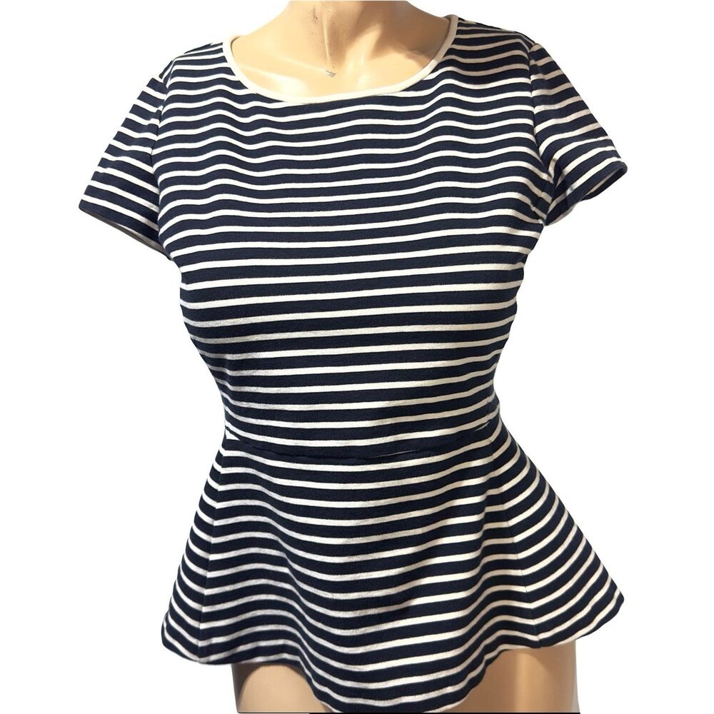 Theory Womens Cotton Striped Crew Neck Short Sleeve Peplum Top Navy Blue Size 8